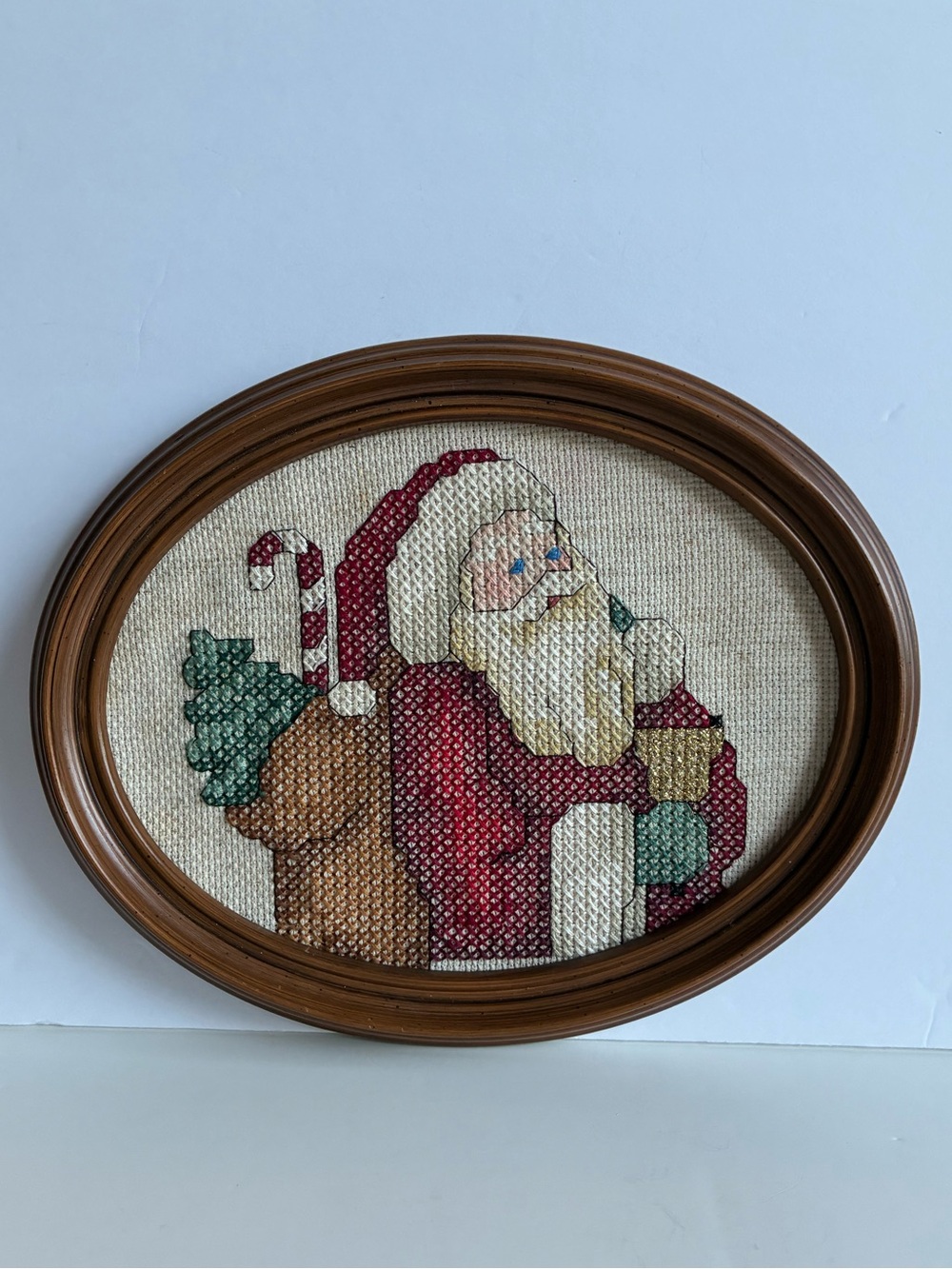 Vintage Handmade Santa Cross Stitch Framed Christmas Folk Art Needlework 8”x10”